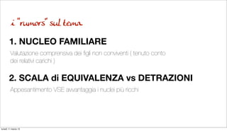 i “rumors” sul tema

       1. NUCLEO FAMILIARE
        Valutazione comprensiva dei ﬁgli non conviventi ( tenuto conto
        dei relativi carichi )

       2. SCALA di EQUIVALENZA vs DETRAZIONI
        Appesantimento VSE avvantaggia i nuclei più ricchi




lunedì 11 marzo 13
 