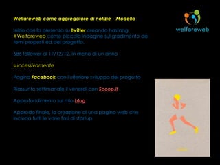 Welfareweb come aggregatore di notizie - Modello

Inizio con la presenza su twitter creando hastang
#Welfareweb come picco...