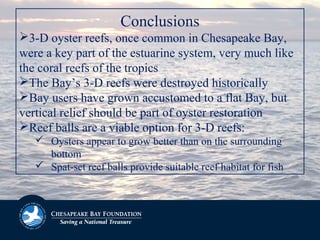 Conclusions
3-D oyster reefs, once common in Chesapeake Bay,
were a key part of the estuarine system, very much like
the coral reefs of the tropics
The Bay’s 3-D reefs were destroyed historically
Bay users have grown accustomed to a flat Bay, but
vertical relief should be part of oyster restoration
Reef balls are a viable option for 3-D reefs:
 Oysters appear to grow better than on the surrounding
bottom
 Spat-set reef balls provide suitable reef habitat for fish
 