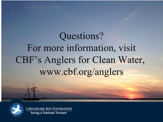 Questions?
For more information, visit
CBF’s Anglers for Clean Water,
www.cbf.org/anglers
 