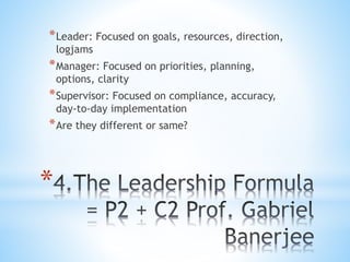 *
*Leader: Focused on goals, resources, direction,
logjams
*Manager: Focused on priorities, planning,
options, clarity
*Supervisor: Focused on compliance, accuracy,
day-to-day implementation
*Are they different or same?
 