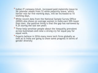 * Indian IT company Intuit, increased paid maternity leave to
26 calendar weeks from 12 while paternity leave, which
earlier was for five working days, will be increased to 15
working days.
* While recent data from the National Sample Survey Office
(NSSO) also shows on average women in India earn 20% lower
than men, the positive lining is that the gap has narrowed by
9.2% during the last ten years
* These help sensitize people about the inequality prevalent
across businesses and raise a strong cry for equal pay for
equal work.
* Experts believe in 2016 many more tech firms globally as
well as in India are going to show some progress in terms of
gender diversity
 