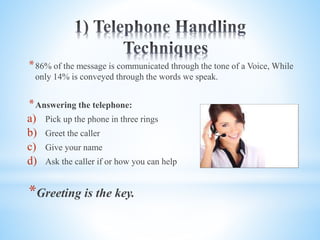*86% of the message is communicated through the tone of a Voice, While
only 14% is conveyed through the words we speak.
*Answering the telephone:
a) Pick up the phone in three rings
b) Greet the caller
c) Give your name
d) Ask the caller if or how you can help
*Greeting is the key.
 