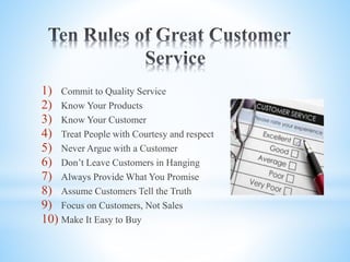 1) Commit to Quality Service
2) Know Your Products
3) Know Your Customer
4) Treat People with Courtesy and respect
5) Never Argue with a Customer
6) Don’t Leave Customers in Hanging
7) Always Provide What You Promise
8) Assume Customers Tell the Truth
9) Focus on Customers, Not Sales
10) Make It Easy to Buy
 