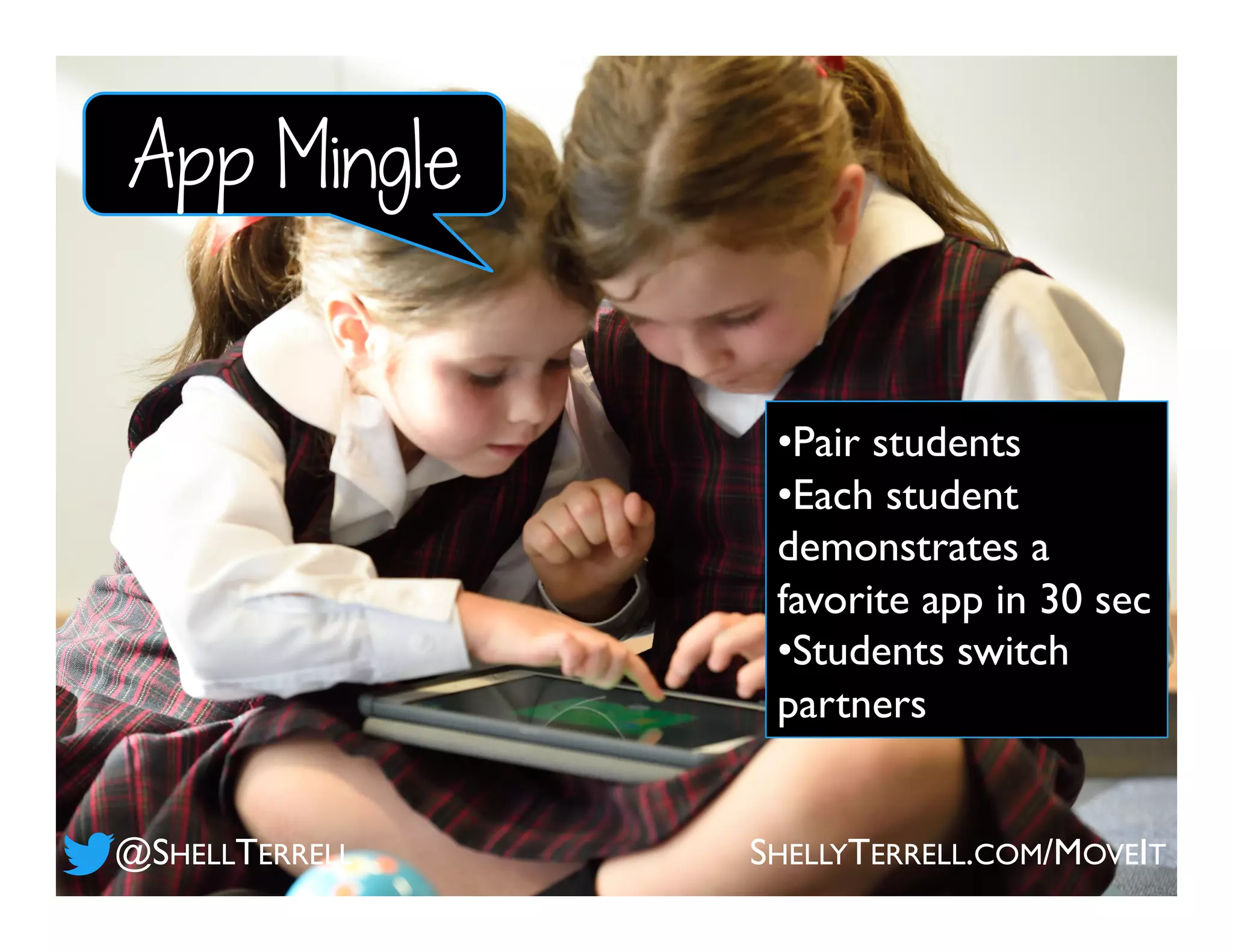• Pair students
• Each student
demonstrates a
favorite app in 30 sec
• Students switch
partners
App Mingle
@SHELLTERRELL SHELLYTERRELL.COM/MOVEIT
 