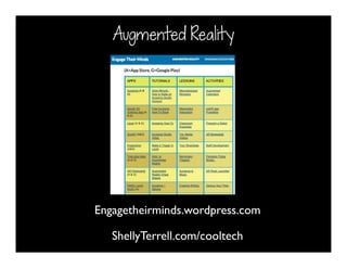 Augmented Reality
Engagetheirminds.wordpress.com
ShellyTerrell.com/cooltech
 