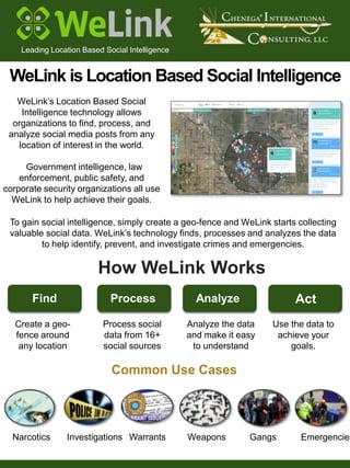 WeLink is Location Based Social Intelligence
To gain social intelligence, simply create a geo-fence and WeLink starts collecting
valuable social data. WeLink’s technology finds, processes and analyzes the data
to help identify, prevent, and investigate crimes and emergencies.
Leading Location Based Social Intelligence
Common Use Cases
Narcotics GangsWarrants WeaponsInvestigations Emergencies
How WeLink Works
Find Process Analyze Act
Create a geo-
fence around
any location
Process social
data from 16+
social sources
Analyze the data
and make it easy
to understand
Use the data to
achieve your
goals.
WeLink’s Location Based Social
Intelligence technology allows
organizations to find, process, and
analyze social media posts from any
location of interest in the world.
Government intelligence, law
enforcement, public safety, and
corporate security organizations all use
WeLink to help achieve their goals.
 