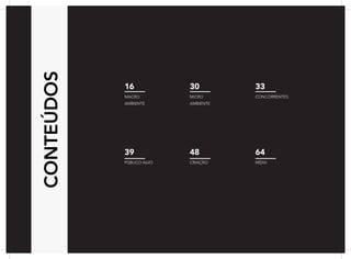 MACRO
AMBIENTE
MICRO
AMBIENTE
CONCORRENTES
PÚBLICO ALVO CRIAÇÃO MÍDIA
16 30 33
39 48 64
CONTEÚDOS
 