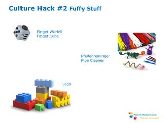www.plays-in-business.com
Michael Tarnowski
Culture Hack #2 Fuffy Stuff
Fidget Würfel
Fidget Cube
Pfeifenreininger
Pipe Cleaner
Lego
 