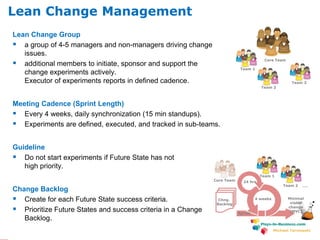 www.plays-in-business.com
Michael Tarnowski
Lean Change Group
 a group of 4-5 managers and non-managers driving change
issues.
 additional members to initiate, sponsor and support the
change experiments actively.
Executor of experiments reports in defined cadence.
Meeting Cadence (Sprint Length)
 Every 4 weeks, daily synchronization (15 min standups).
 Experiments are defined, executed, and tracked in sub-teams.
Guideline
 Do not start experiments if Future State has not
high priority.
Change Backlog
 Create for each Future State success criteria.
 Prioritize Future States and success criteria in a Change
Backlog.
Core Team
Team 1
Team 2
Team 3
24 hrs
4 weeks
Sprint
Chng.
Backlog
Team 1
Team 2
Core Team
….
Minimal
viable
change
(MVC)
Lean Change Management
 