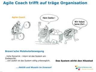 www.plays-in-business.com
Michael Tarnowski
Agile Coach trifft auf träge Organisation
Brown‘sche Molekularbewegung
…hohe Dynamik - intern ist das System am
Siedepunkt,
….von außen ist das System völlig unbeweglich.
….Hektik und Wuseln im Inneren!
Das System stirbt den Hitzetod
Agiler Coach
 
