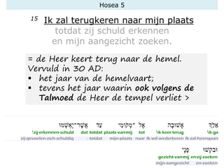 Hosea 5
15 Ik zal terugkeren naar mijn plaats
totdat zij schuld erkennen
en mijn aangezicht zoeken.
= de Heer keert terug naar de hemel.
Vervuld in 30 AD:
▪ het jaar van de hemelvaart;
▪ tevens het jaar waarin ook volgens de
Talmoed de Heer de tempel verliet >
 
