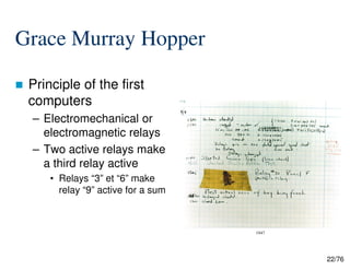 Grace Murray Hopper
Principle of the first
computers
– Electromechanical or
electromagnetic relays
22/76
electromagnetic relays
– Two active relays make
a third relay active
• Relays “3” et “6” make
relay “9” active for a sum
1947
 