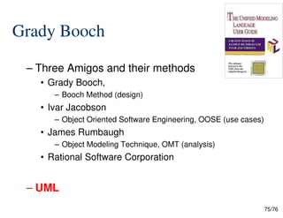 Grady Booch
– Three Amigos and their methods
• Grady Booch,
– Booch Method (design)
• Ivar Jacobson
75/76
• Ivar Jacobson
– Object Oriented Software Engineering, OOSE (use cases)
• James Rumbaugh
– Object Modeling Technique, OMT (analysis)
• Rational Software Corporation
– UML
 