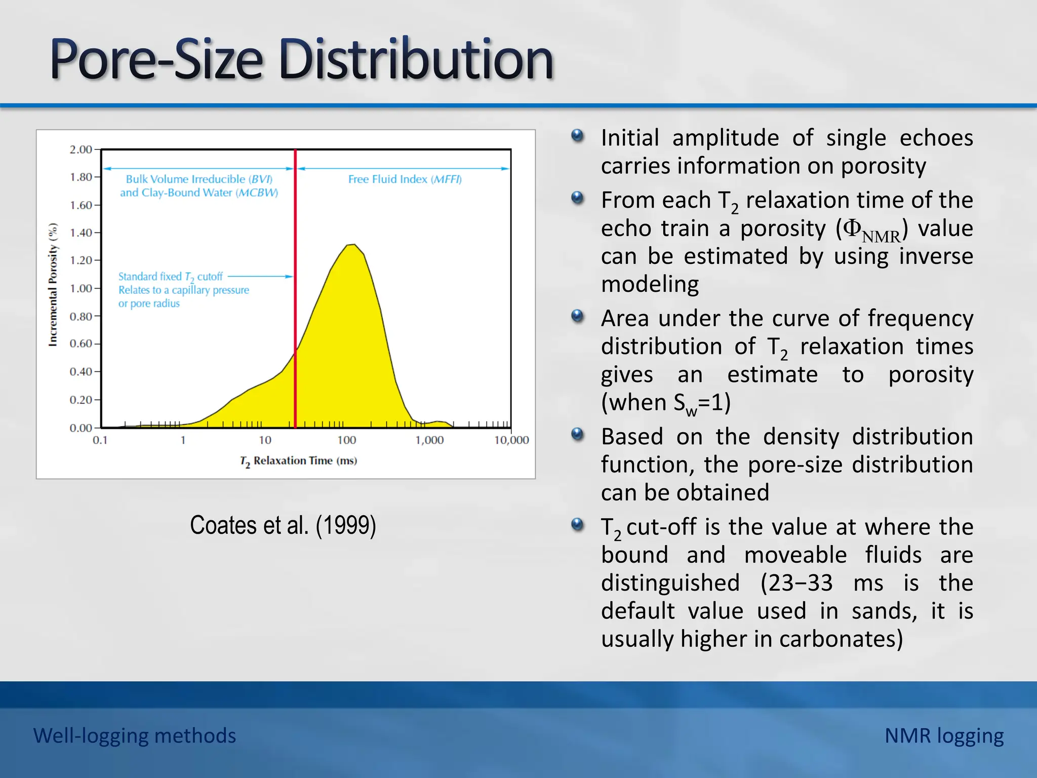 Initial amplitude of single echoes
carries information on porosity
From each T2 relaxation time of the
echo train a porosity (ΦNMR) value
can be estimated by using inverse
modeling
Area under the curve of frequency
distribution of T2 relaxation times
gives an estimate to porosity
(when Sw=1)
Based on the density distribution
function, the pore-size distribution
can be obtained
T2 cut-off is the value at where the
bound and moveable fluids are
distinguished (23−33 ms is the
default value used in sands, it is
usually higher in carbonates)
Coates et al. (1999)
Well-logging methods NMR logging
 