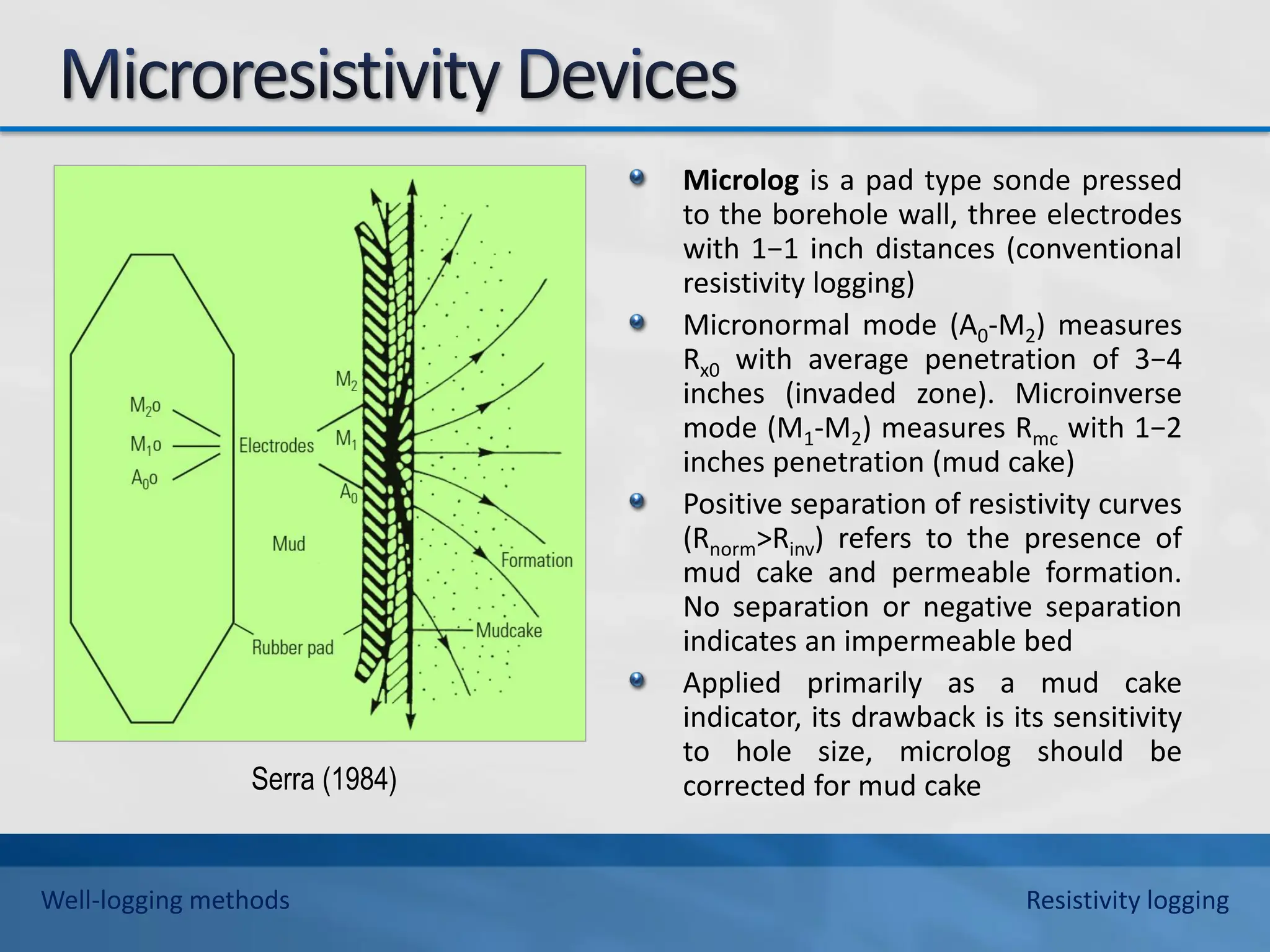 Serra (1984)
Microlog is a pad type sonde pressed
to the borehole wall, three electrodes
with 1−1 inch distances (conventional
resistivity logging)
Micronormal mode (A0-M2) measures
Rx0 with average penetration of 3−4
inches (invaded zone). Microinverse
mode (M1-M2) measures Rmc with 1−2
inches penetration (mud cake)
Positive separation of resistivity curves
(Rnorm>Rinv) refers to the presence of
mud cake and permeable formation.
No separation or negative separation
indicates an impermeable bed
Applied primarily as a mud cake
indicator, its drawback is its sensitivity
to hole size, microlog should be
corrected for mud cake
Well-logging methods Resistivity logging
 