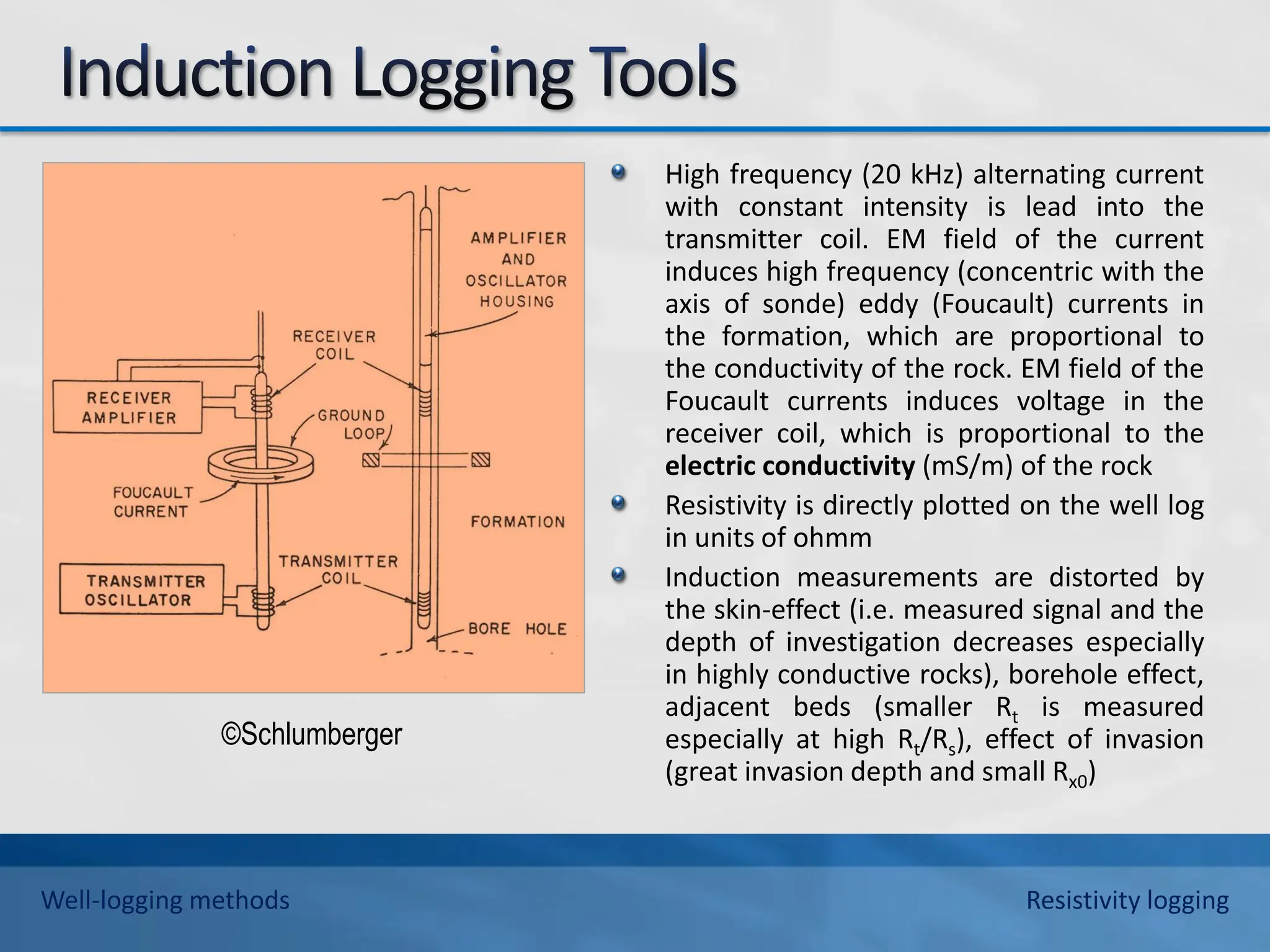 High frequency (20 kHz) alternating current
with constant intensity is lead into the
transmitter coil. EM field of the current
induces high frequency (concentric with the
axis of sonde) eddy (Foucault) currents in
the formation, which are proportional to
the conductivity of the rock. EM field of the
Foucault currents induces voltage in the
receiver coil, which is proportional to the
electric conductivity (mS/m) of the rock
Resistivity is directly plotted on the well log
in units of ohmm
Induction measurements are distorted by
the skin-effect (i.e. measured signal and the
depth of investigation decreases especially
in highly conductive rocks), borehole effect,
adjacent beds (smaller Rt is measured
especially at high Rt/Rs), effect of invasion
(great invasion depth and small Rx0)
©Schlumberger
Well-logging methods Resistivity logging
 