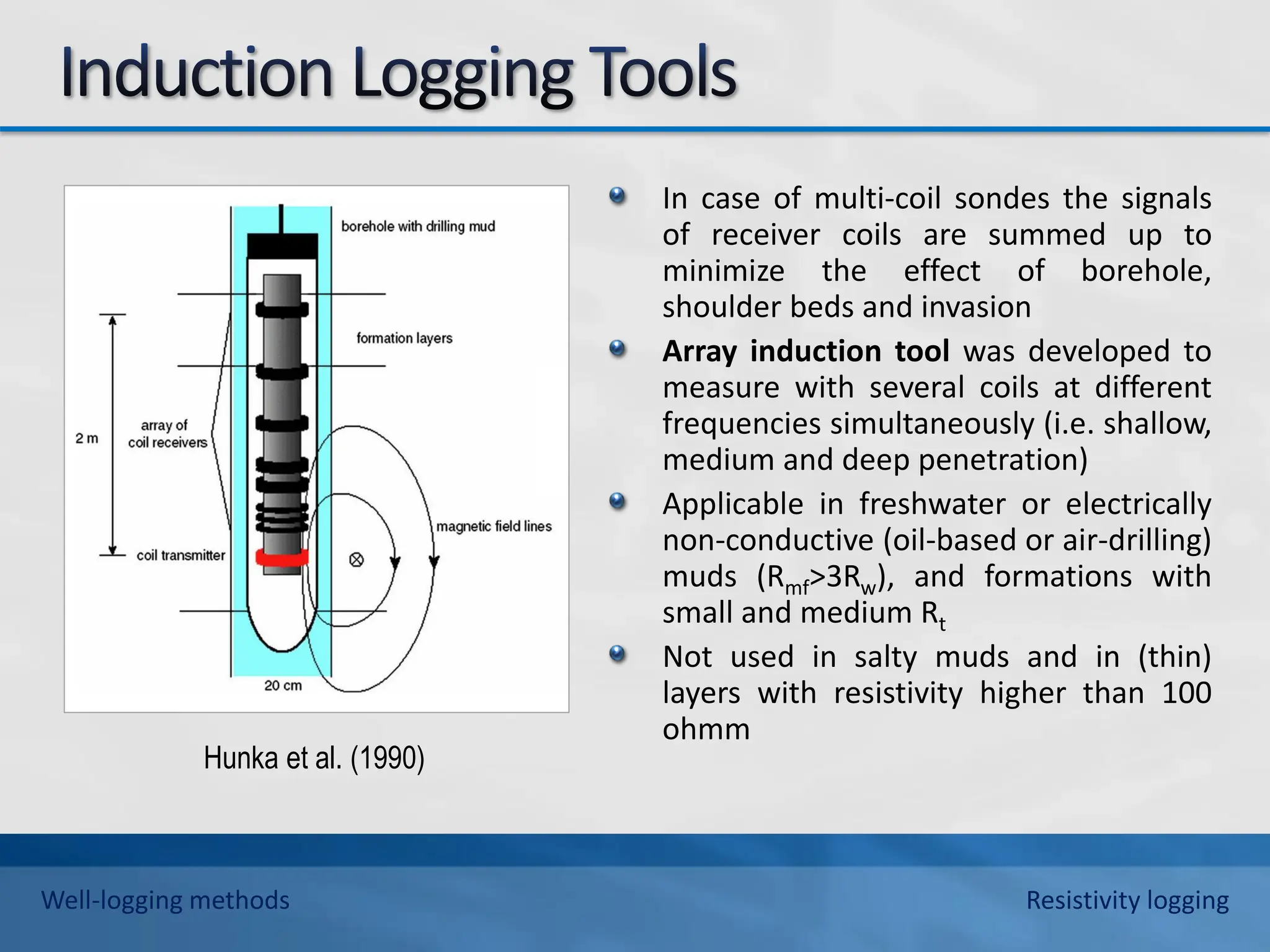 In case of multi-coil sondes the signals
of receiver coils are summed up to
minimize the effect of borehole,
shoulder beds and invasion
Array induction tool was developed to
measure with several coils at different
frequencies simultaneously (i.e. shallow,
medium and deep penetration)
Applicable in freshwater or electrically
non-conductive (oil-based or air-drilling)
muds (Rmf>3Rw), and formations with
small and medium Rt
Not used in salty muds and in (thin)
layers with resistivity higher than 100
ohmm
Hunka et al. (1990)
Well-logging methods Resistivity logging
 
