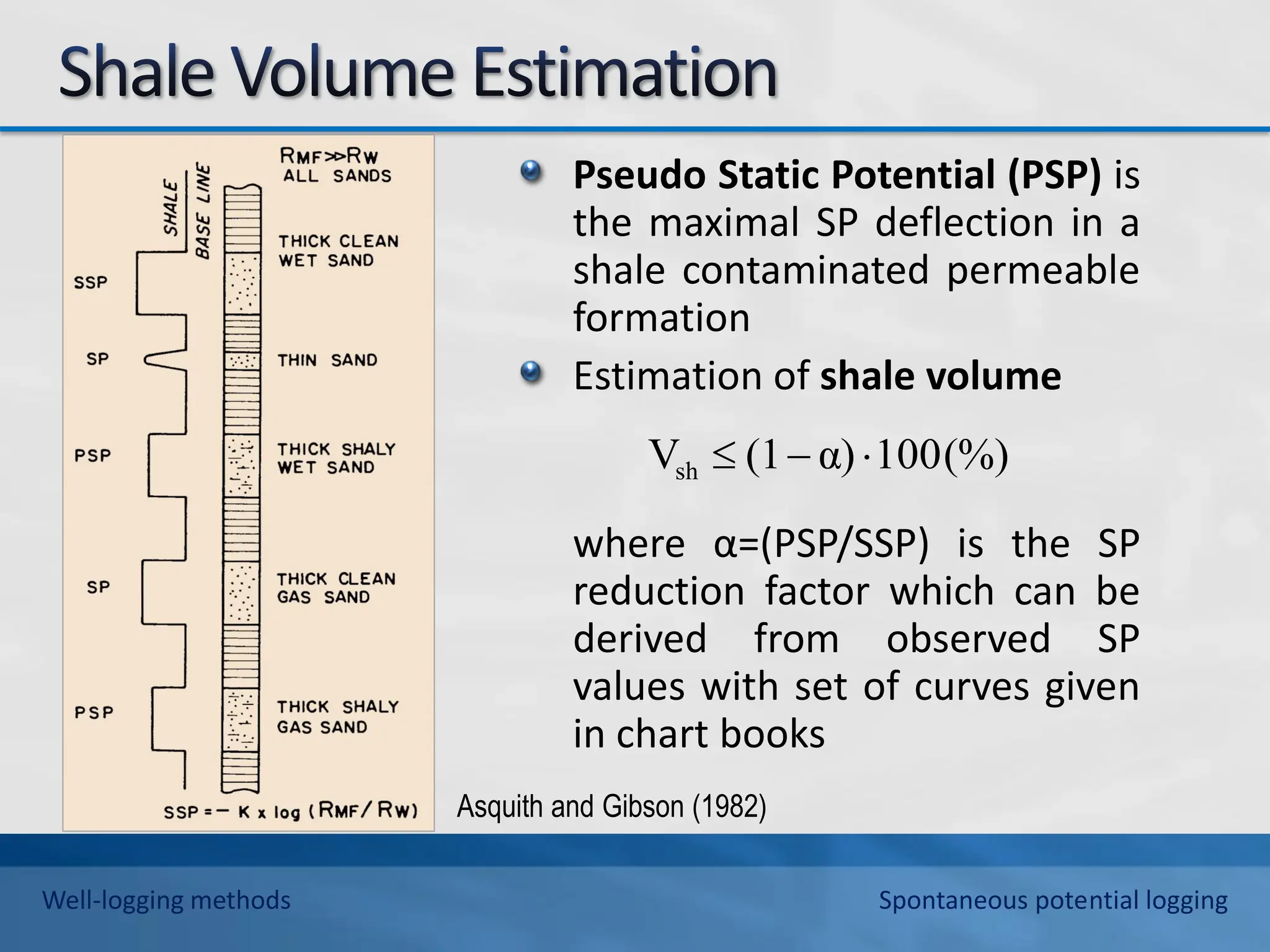 Pseudo Static Potential (PSP) is
the maximal SP deflection in a
shale contaminated permeable
formation
Estimation of shale volume
where α=(PSP/SSP) is the SP
reduction factor which can be
derived from observed SP
values with set of curves given
in chart books
Asquith and Gibson (1982)
(%)
100
α)
(1
Vsh 


Well-logging methods Spontaneous potential logging
 