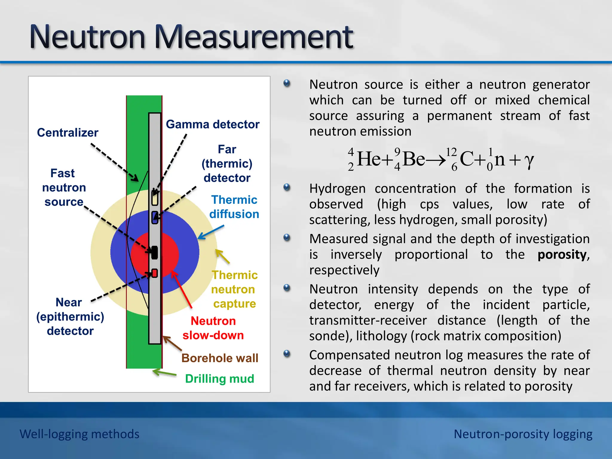 Neutron source is either a neutron generator
which can be turned off or mixed chemical
source assuring a permanent stream of fast
neutron emission
Hydrogen concentration of the formation is
observed (high cps values, low rate of
scattering, less hydrogen, small porosity)
Measured signal and the depth of investigation
is inversely proportional to the porosity,
respectively
Neutron intensity depends on the type of
detector, energy of the incident particle,
transmitter-receiver distance (length of the
sonde), lithology (rock matrix composition)
Compensated neutron log measures the rate of
decrease of thermal neutron density by near
and far receivers, which is related to porosity
γ
n
C
Be
He 1
0
12
6
9
4
4
2 



Centralizer
Fast
neutron
source
Near
(epithermic)
detector
Far
(thermic)
detector
Gamma detector
Neutron
slow-down
Thermic
diffusion
Drilling mud
Borehole wall
Thermic
neutron
capture
Well-logging methods Neutron-porosity logging
 