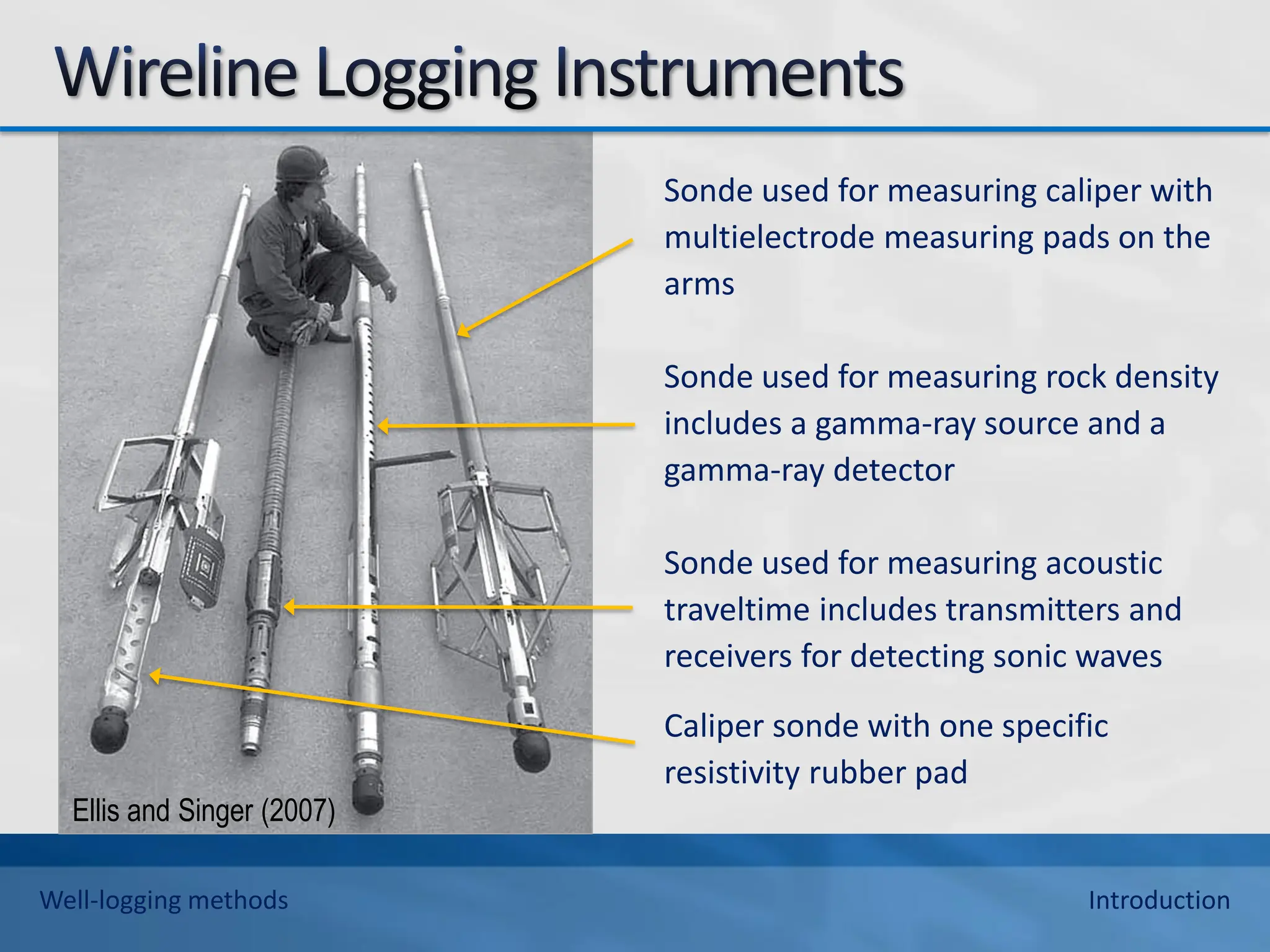 Ellis and Singer (2007)
Sonde used for measuring caliper with
multielectrode measuring pads on the
arms
Sonde used for measuring rock density
includes a gamma-ray source and a
gamma-ray detector
Sonde used for measuring acoustic
traveltime includes transmitters and
receivers for detecting sonic waves
Caliper sonde with one specific
resistivity rubber pad
Well-logging methods Introduction
 