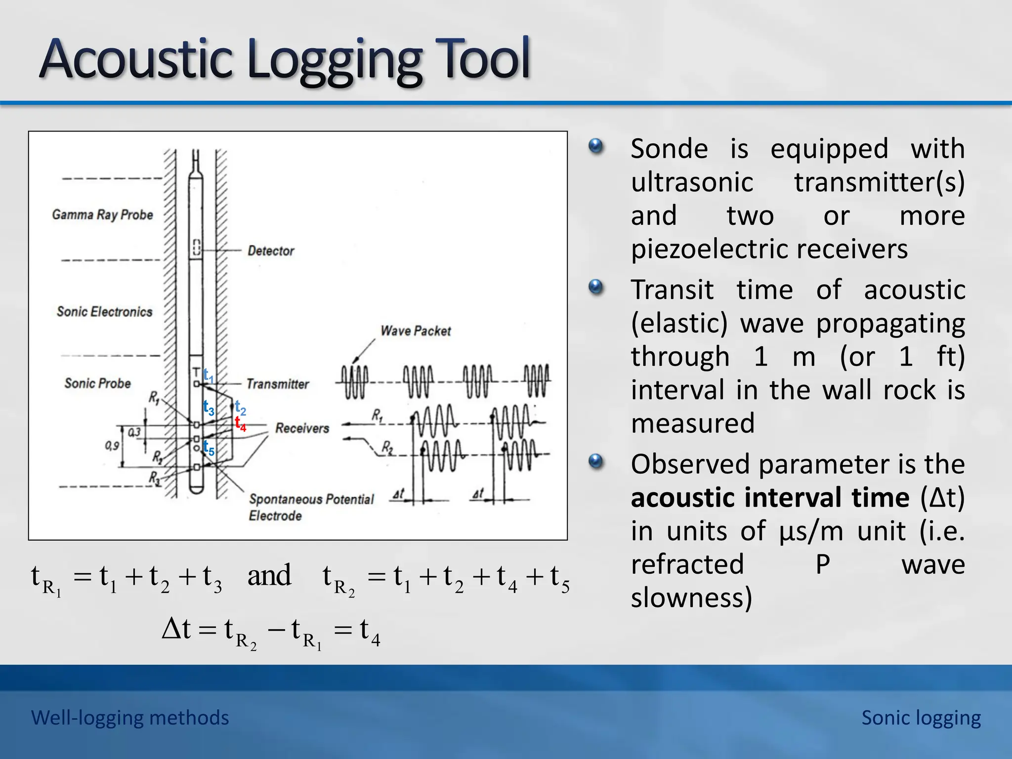 Sonde is equipped with
ultrasonic transmitter(s)
and two or more
piezoelectric receivers
Transit time of acoustic
(elastic) wave propagating
through 1 m (or 1 ft)
interval in the wall rock is
measured
Observed parameter is the
acoustic interval time (∆t)
in units of μs/m unit (i.e.
refracted P wave
slowness)
t2
t3
t4
t5
t1
4
R
R
5
4
2
1
R
3
2
1
R
t
t
t
Δt
t
t
t
t
t
and
t
t
t
t
1
2
2
1










Well-logging methods Sonic logging
 