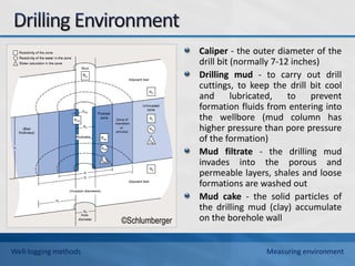 ©Schlumberger
Caliper - the outer diameter of the
drill bit (normally 7-12 inches)
Drilling mud - to carry out drill
cuttings, to keep the drill bit cool
and lubricated, to prevent
formation fluids from entering into
the wellbore (mud column has
higher pressure than pore pressure
of the formation)
Mud filtrate - the drilling mud
invades into the porous and
permeable layers, shales and loose
formations are washed out
Mud cake - the solid particles of
the drilling mud (clay) accumulate
on the borehole wall
Well-logging methods Measuring environment
 