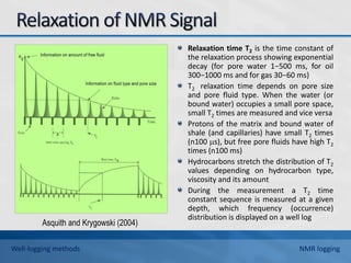 Relaxation time T2 is the time constant of
the relaxation process showing exponential
decay (for pore water 1−500 ms, for oil
300−1000 ms and for gas 30−60 ms)
T2 relaxation time depends on pore size
and pore fluid type. When the water (or
bound water) occupies a small pore space,
small T2 times are measured and vice versa
Protons of the matrix and bound water of
shale (and capillaries) have small T2 times
(n100 s), but free pore fluids have high T2
times (n100 ms)
Hydrocarbons stretch the distribution of T2
values depending on hydrocarbon type,
viscosity and its amount
During the measurement a T2 time
constant sequence is measured at a given
depth, which frequency (occurrence)
distribution is displayed on a well log
Asquith and Krygowski (2004)
Well-logging methods NMR logging
 
