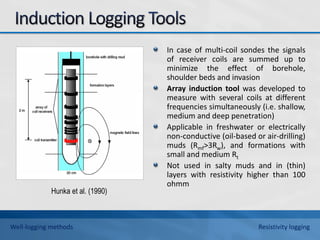 In case of multi-coil sondes the signals
of receiver coils are summed up to
minimize the effect of borehole,
shoulder beds and invasion
Array induction tool was developed to
measure with several coils at different
frequencies simultaneously (i.e. shallow,
medium and deep penetration)
Applicable in freshwater or electrically
non-conductive (oil-based or air-drilling)
muds (Rmf>3Rw), and formations with
small and medium Rt
Not used in salty muds and in (thin)
layers with resistivity higher than 100
ohmm
Hunka et al. (1990)
Well-logging methods Resistivity logging
 