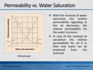 With the increase of water
saturation the relative
permeability regarding to
the oil decreases, the
relative permeability for
the water increases
In case of the residual oil
saturation the relative
permeability for oil is 0,
then only water can be
produced from the
reservoir
©Schlumberger
Well-logging methods Basic petrophysical relations
 
