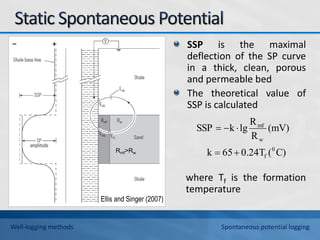 SSP is the maximal
deflection of the SP curve
in a thick, clean, porous
and permeable bed
The theoretical value of
SSP is calculated
where Tf is the formation
temperature
C)
(
0.24T
65
k
(mV)
R
R
lg
k
SSP
0
f
w
mf





Rmf>Rw
− +
Ellis and Singer (2007)
Well-logging methods Spontaneous potential logging
 