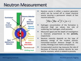 Neutron source is either a neutron generator
which can be turned off or mixed chemical
source assuring a permanent stream of fast
neutron emission
Hydrogen concentration of the formation is
observed (high cps values, low rate of
scattering, less hydrogen, small porosity)
Measured signal and the depth of investigation
is inversely proportional to the porosity,
respectively
Neutron intensity depends on the type of
detector, energy of the incident particle,
transmitter-receiver distance (length of the
sonde), lithology (rock matrix composition)
Compensated neutron log measures the rate of
decrease of thermal neutron density by near
and far receivers, which is related to porosity
γ
n
C
Be
He 1
0
12
6
9
4
4
2 



Centralizer
Fast
neutron
source
Near
(epithermic)
detector
Far
(thermic)
detector
Gamma detector
Neutron
slow-down
Thermic
diffusion
Drilling mud
Borehole wall
Thermic
neutron
capture
Well-logging methods Neutron-porosity logging
 