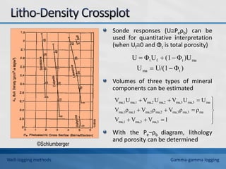 Sonde responses (UPeρb) can be
used for quantitative interpretation
(when Uf0 and Φt is total porosity)
Volumes of three types of mineral
components can be estimated
With the Pe−ρb diagram, lithology
and porosity can be determined
)
Φ
U/(1
U
)U
Φ
(1
U
Φ
U
t
ma
ma
t
f
t



















1
V
V
V
ρ
ρ
V
ρ
V
ρ
V
U
U
V
U
V
U
V
ma,3
ma,2
ma,1
ma
ma,3
ma,3
ma,2
ma,2
ma,1
ma,1
ma
ma,3
ma,3
ma,2
ma,2
ma,1
ma,1
Well-logging methods Gamma-gamma logging
©Schlumberger
 