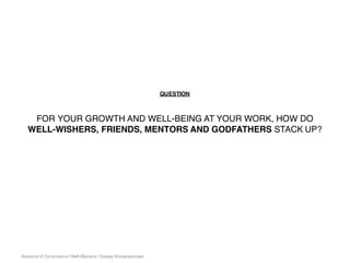 Absence of Conscience | Well-Wishers | Sanjay Kirimanjeshwar
FOR YOUR GROWTH AND WELL-BEING AT YOUR WORK, HOW DO
WELL-WISHERS, FRIENDS, MENTORS AND GODFATHERS STACK UP?
QUESTION
 