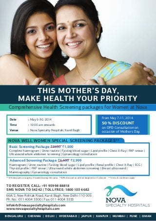 Date : May 5-30, 2014
Time : 10:00 am onwards
Venue : Nova Specialty Hospitals, Karol Bagh
BENGALURU | CHENNAI | DELHI | HYDERABAD | JAIPUR | KANPUR | MUMBAI | PUNE | OMAN
THIS MOTHER’S DAY,
MAKE HEALTH YOUR PRIORITY
Comprehensive Health Screening packages for Women at Nova
50 % DISCOUNT
on OPD Consultation on
occasion of Mothers Day.
From May 7-11, 2014
infokrb@novaspecialtyhospitals.com
www.novaspecialtyhospitals.com
TO REGISTER, CALL:+91 95998 88818
SMS NOVA TO 54242 | TOLL FREE: 1800 103 6682
66A/2, New Rohtak Road, Karol Bagh, New Delhi-110 005
Ph. No.: 011 4004 3300 | Fax: 011 4004 3333
NOVA WELL WOMEN SPECIAL SCREENING PACKAGES**
Basic Screening Package: `3850 `1,500
Complete haemogram | Urine routine | Fasting blood sugar | Lipid proﬁle | Chest X-Ray | PAP smear |
Ultrasound whole abdomen screening | Gynaecology consultation
Haemogram | Urine routine | Fasting blood sugar | Lipid proﬁle | Renal proﬁle | Chest X-Ray | ECG |
Thyroid proﬁle | PAP smear | Ultrasound whole abdomen screening | Breast ultrasound |
Mammography | Gynaecology consultation
Advanced Screening Package: `6,600 `2,999
**15% discount on surgery, if booked during the camp **20% discount on add-on diagnostics, if advised **T erms & conditions apply
 