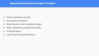Operational Excellence Design Principles
● Perform operations as code
● Annotate documentation
● Make frequent, small, reversible changes
● Refine operations procedures frequently
● Anticipate failure
● Learn from all operational failures
 
