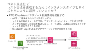コスト最適化 2:
コスト目標を達成するためにインスタンスタイプとサイ
ズをどのように選択していますか？
• AWS CloudWatchでリソース利用情報を把握する
• AWS上で稼働するシステム監視サービス
• システム全体のリソース使用率、アプリケーションパフォーマンスを把握
• あらかじめ設定した閾値を超過したら、メール通知、AutoScalingなどのアク
ションを実行することも可能
• CloudWath LogsでOS上やアプリケーションログの取得も可能
Amazon CloudWatch
AWS Auto Scaling
Amazon Simple
Notification Service
Amazon EC2
Amazon Simple Storage
Service (S3)
CPU使用率/ディスクIO
/ネットワーク使用率
[カスタムメトリクス]
メモリ使用率/ディスク使用率
 