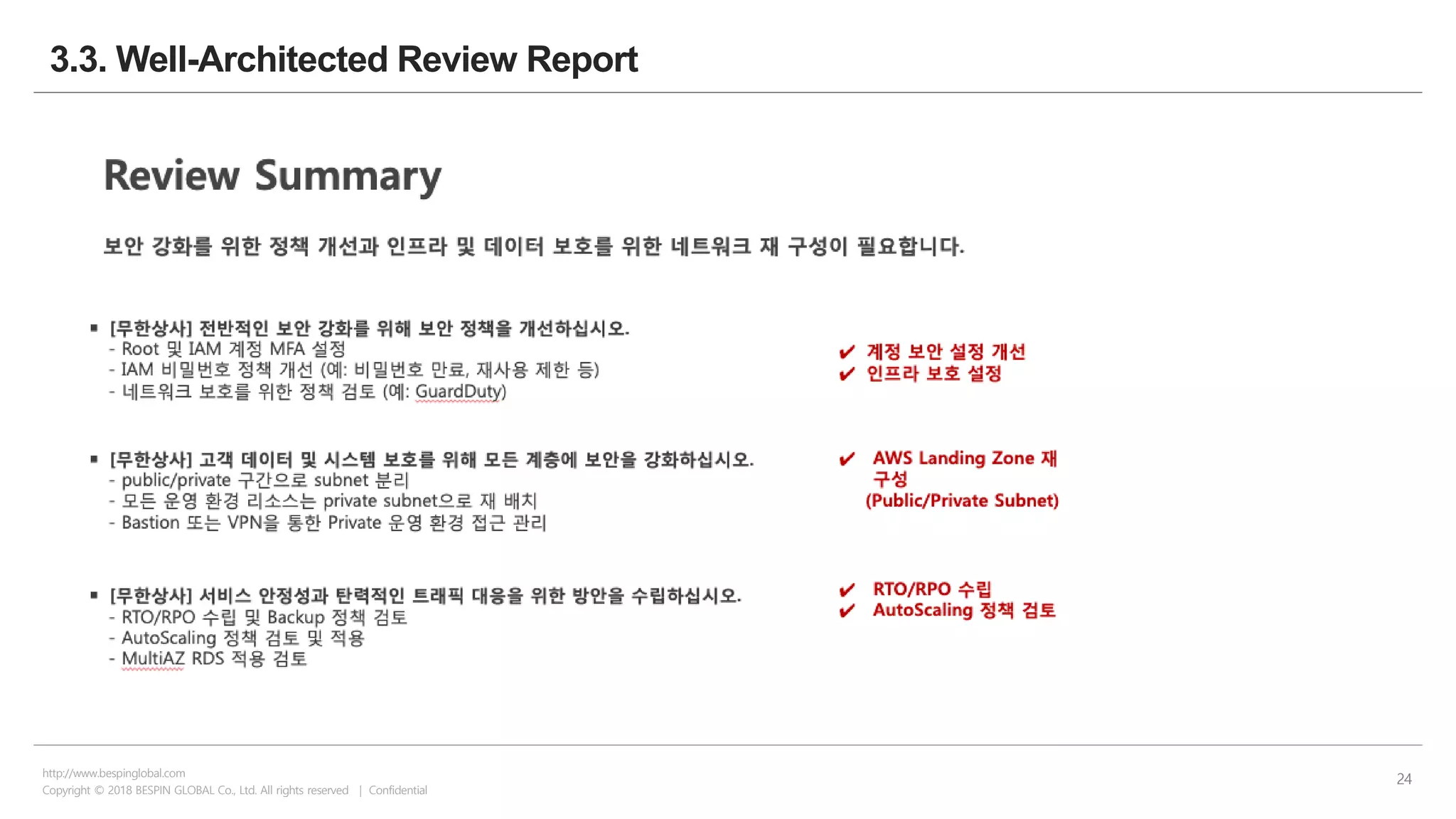 Copyright © 2018 BESPIN GLOBAL Co., Ltd. All rights reserved | Confidential
http://www.bespinglobal.com
24
3.3. Well-Architected Review Report
 
