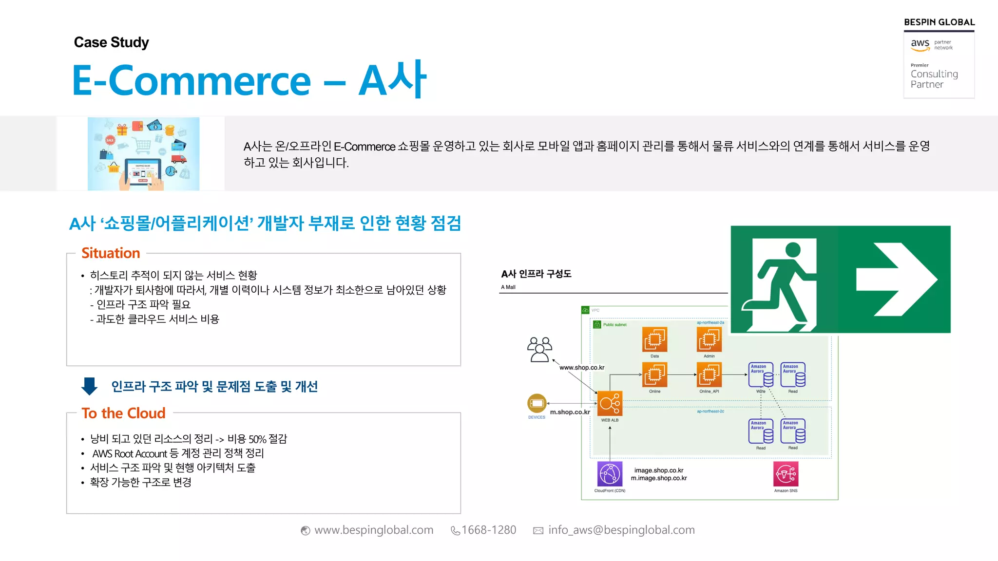 🌏 www.bespinglobal.com 📞1668-1280 ✉ info_aws@bespinglobal.com
A사 ‘쇼핑몰/어플리케이션’ 개발자 부재로 인한 현황 점검
E-Commerce – A사
A사는 온/오프라인E-Commerce쇼핑몰운영하고있는 회사로 모바일앱과홈페이지관리를통해서 물류서비스와의연계를통해서서비스를 운영
하고 있는 회사입니다.
Case Study
Situation
• 히스토리 추적이 되지 않는 서비스 현황
: 개발자가 퇴사함에 따라서, 개별 이력이나 시스템 정보가 최소한으로 남아있던 상황
- 인프라 구조 파악 필요
- 과도한 클라우드 서비스 비용
• 낭비 되고 있던리소스의 정리 -> 비용 50%절감
• AWSRootAccount등 계정 관리 정책 정리
• 서비스 구조 파악및 현행 아키텍처 도출
• 확장 가능한 구조로변경
To the Cloud
인프라 구조 파악 및 문제점 도출 및 개선
 