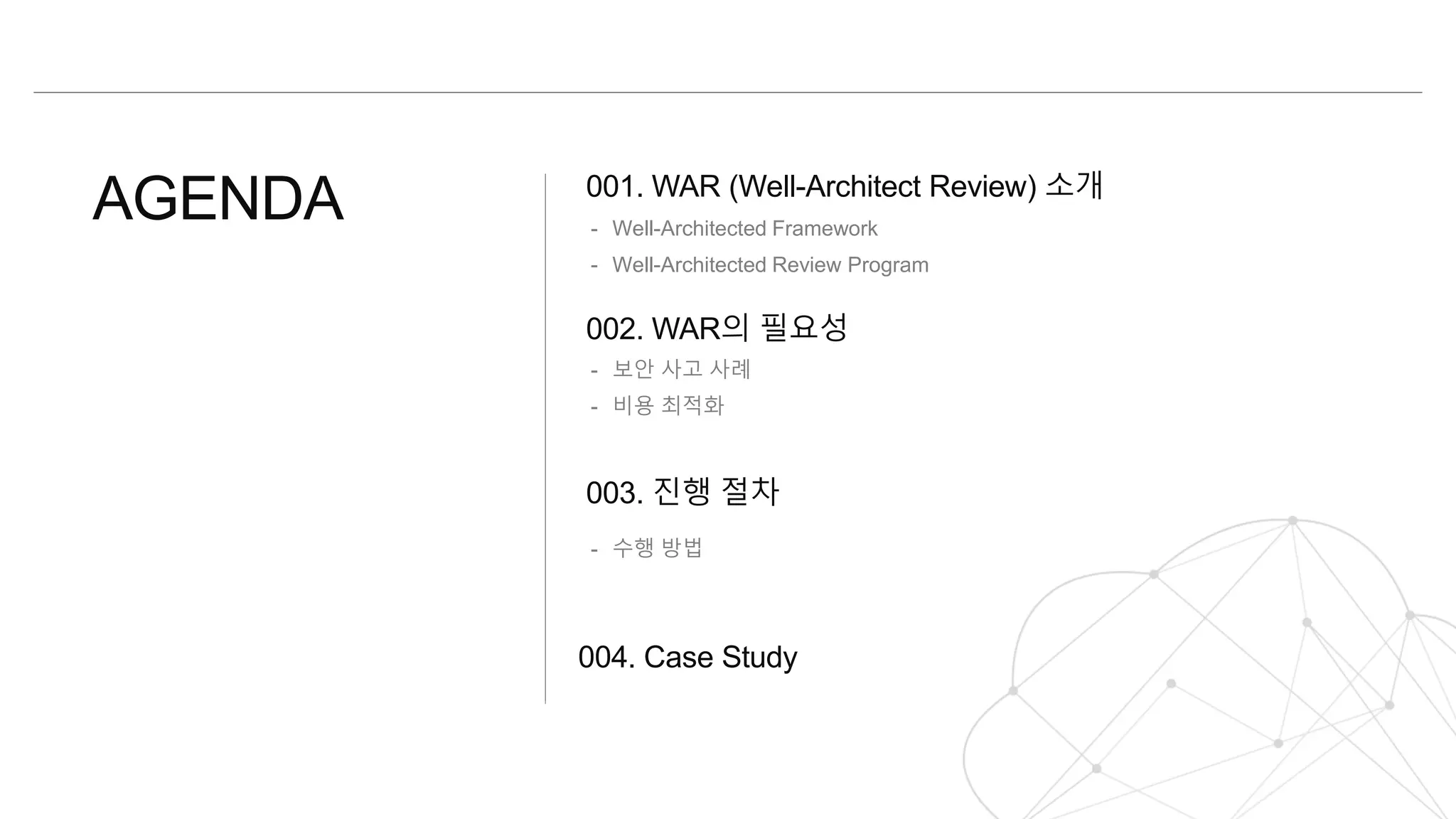 AGENDA 001. WAR (Well-Architect Review) 소개
- 보안 사고 사례
- 비용 최적화
002. WAR의 필요성
003. 진행 절차
004. Case Study
- Well-Architected Framework
- Well-Architected Review Program
- 수행 방법
 