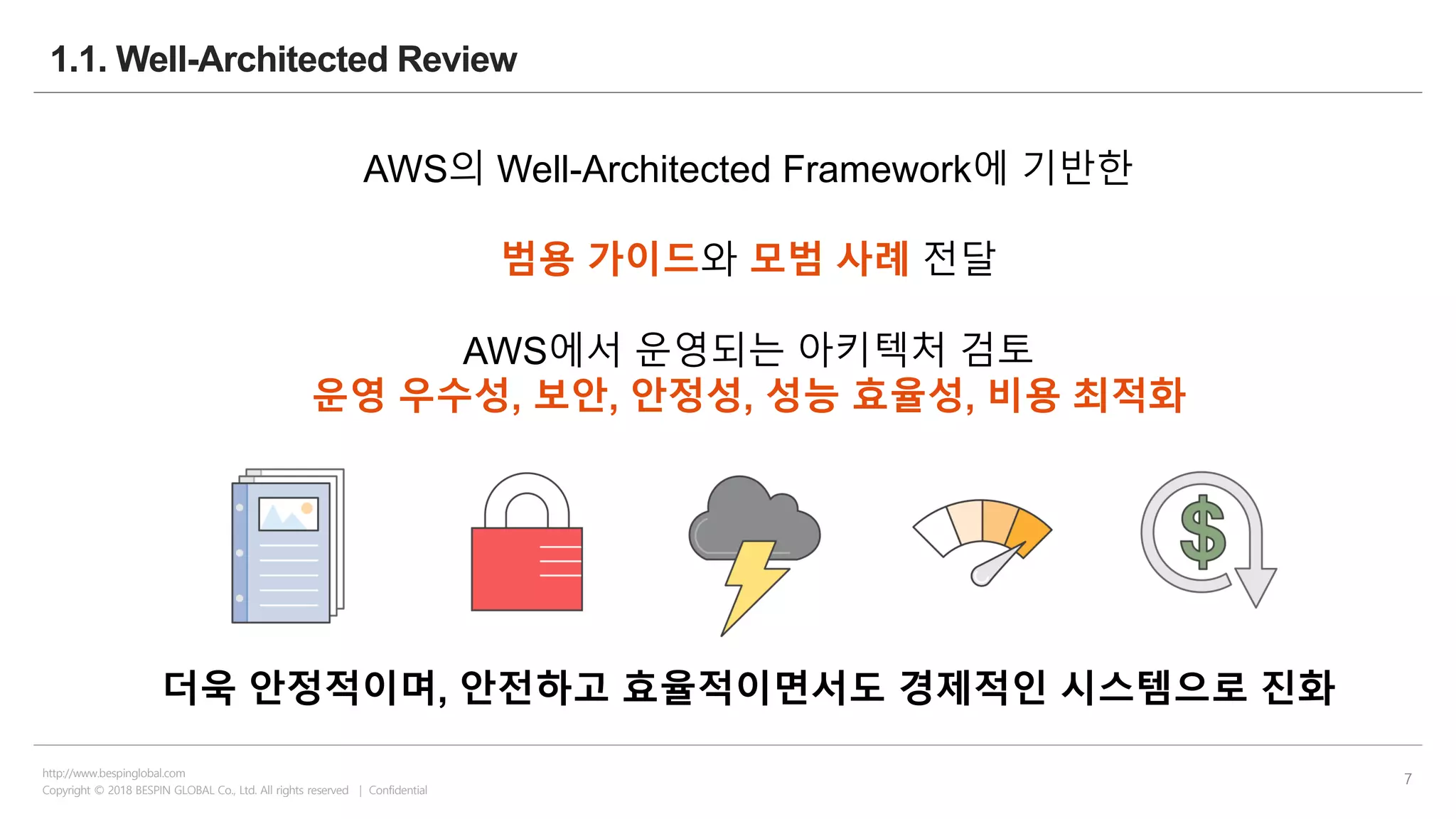 Copyright © 2018 BESPIN GLOBAL Co., Ltd. All rights reserved | Confidential
http://www.bespinglobal.com
7
1.1. Well-Architected Review
AWS의 Well-Architected Framework에 기반한
범용 가이드와 모범 사례 전달
AWS에서 운영되는 아키텍처 검토
운영 우수성, 보안, 안정성, 성능 효율성, 비용 최적화
더욱 안정적이며, 안전하고 효율적이면서도 경제적인 시스템으로 진화
 