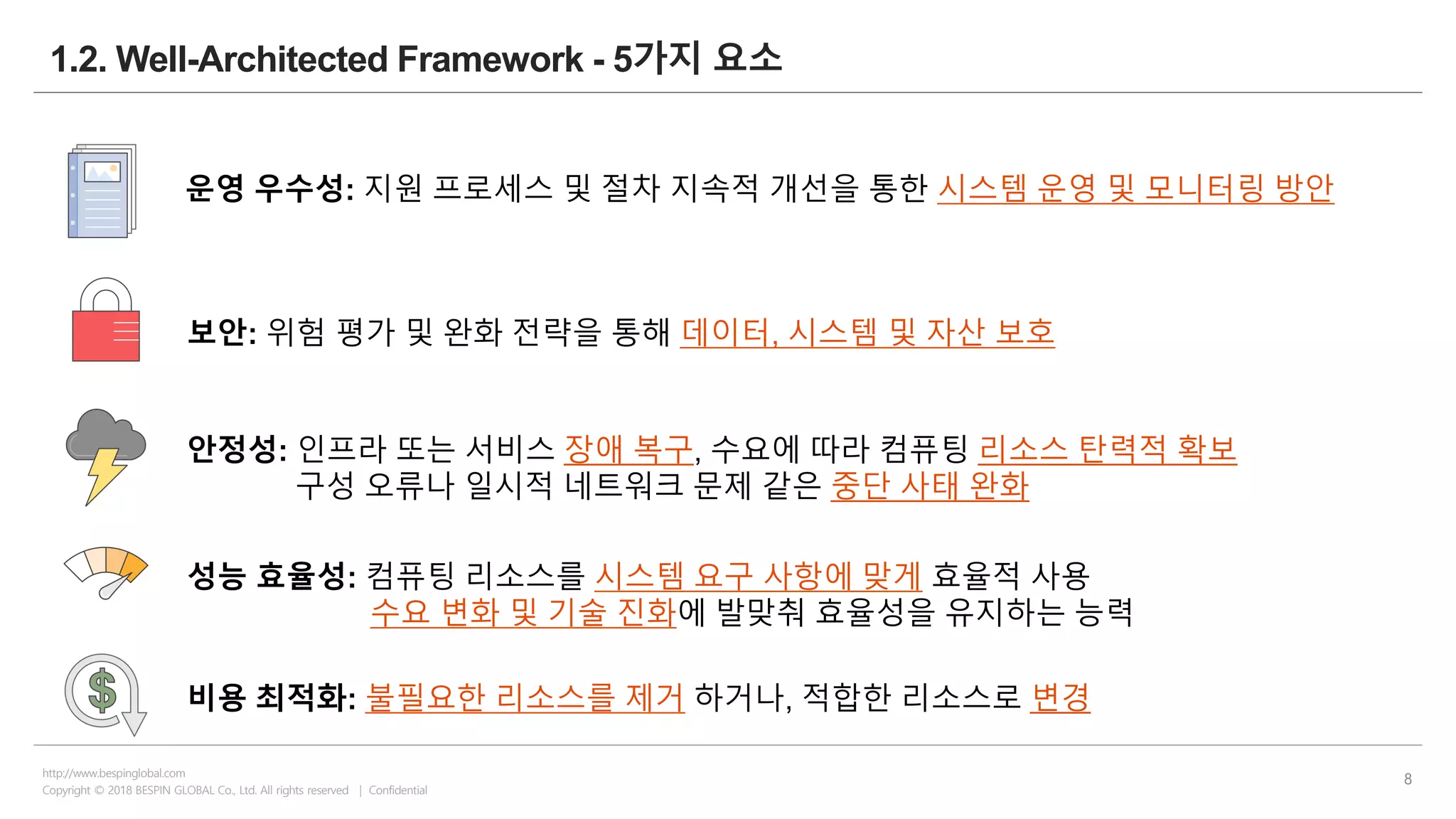 Copyright © 2018 BESPIN GLOBAL Co., Ltd. All rights reserved | Confidential
http://www.bespinglobal.com
8
1.2. Well-Architected Framework - 5가지 요소
보안: 위험 평가 및 완화 전략을 통해 데이터, 시스템 및 자산 보호
안정성: 인프라 또는 서비스 장애 복구, 수요에 따라 컴퓨팅 리소스 탄력적 확보
구성 오류나 일시적 네트워크 문제 같은 중단 사태 완화
성능 효율성: 컴퓨팅 리소스를 시스템 요구 사항에 맞게 효율적 사용
수요 변화 및 기술 진화에 발맞춰 효율성을 유지하는 능력
비용 최적화: 불필요한 리소스를 제거 하거나, 적합한 리소스로 변경
운영 우수성: 지원 프로세스 및 절차 지속적 개선을 통한 시스템 운영 및 모니터링 방안
 