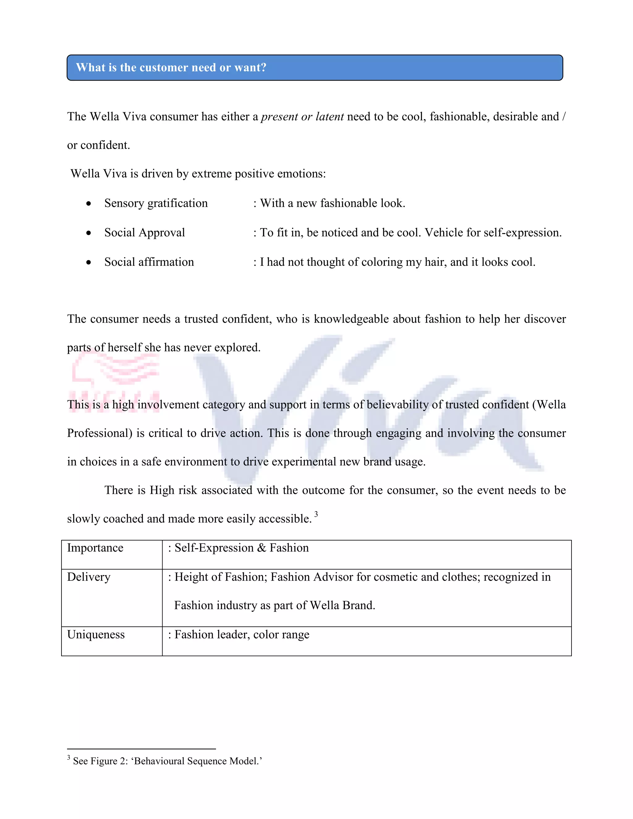 What is the customer need or want?


The Wella Viva consumer has either a present or latent need to be cool, fashionable, desirable and /

or confident.

Wella Viva is driven by extreme positive emotions:

      •    Sensory gratification            : With a new fashionable look.

      •    Social Approval                  : To fit in, be noticed and be cool. Vehicle for self-expression.

      •    Social affirmation               : I had not thought of coloring my hair, and it looks cool.



The consumer needs a trusted confident, who is knowledgeable about fashion to help her discover

parts of herself she has never explored.



This is a high involvement category and support in terms of believability of trusted confident (Wella

Professional) is critical to drive action. This is done through engaging and involving the consumer

in choices in a safe environment to drive experimental new brand usage.

           There is High risk associated with the outcome for the consumer, so the event needs to be

slowly coached and made more easily accessible. 3

Importance               : Self-Expression & Fashion

Delivery                 : Height of Fashion; Fashion Advisor for cosmetic and clothes; recognized in

                          Fashion industry as part of Wella Brand.

Uniqueness               : Fashion leader, color range




3
    See Figure 2: ‘Behavioural Sequence Model.’
 
