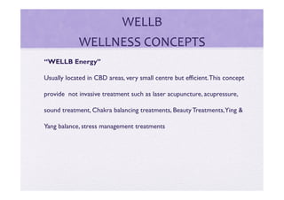 WELLB	
  
             WELLNESS	
  CONCEPTS	
  
“WELLB Energy”

Usually located in CBD areas, very small centre but effici...