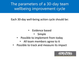 The parameters of a 30-day team
wellbeing improvement cycle
Each 30-day well-being action cycle should be:
• Evidence based
• Simple
• Possible to implement from today
• All team members agree to it
• Possible to track and measure its impact
 