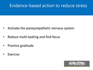 Meditate
Appreciate
Exercise
Evidence-based action to reduce stress
• Activate the parasympathetic nervous system
• Reduce multi-tasking and find focus
• Practice gratitude
• Exercise
 