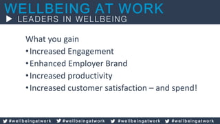 What you gain
•Increased Engagement
•Enhanced Employer Brand
•Increased productivity
•Increased customer satisfaction – and spend!
# w e l l b e i n g a t w o r k # w e l l b e i n g a t w o r k # w e l l b e i n g a t w o r k # w e l l b e i n g a t w o r k
 