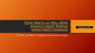 TEXAS HEALTH AND WELL-BEING
America’s Health Rankings
United Health Foundation
The hole, the donut, or beyond the sweet spots' boundary
Follow the link.
 