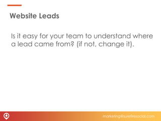 Website Leads
Is it easy for your team to understand where
a lead came from? (if not, change it).
marketing@surefiresocial...