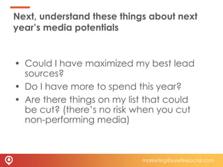 Next, understand these things about next
year’s media potentials
• Could I have maximized my best lead
sources?
• Do I hav...
